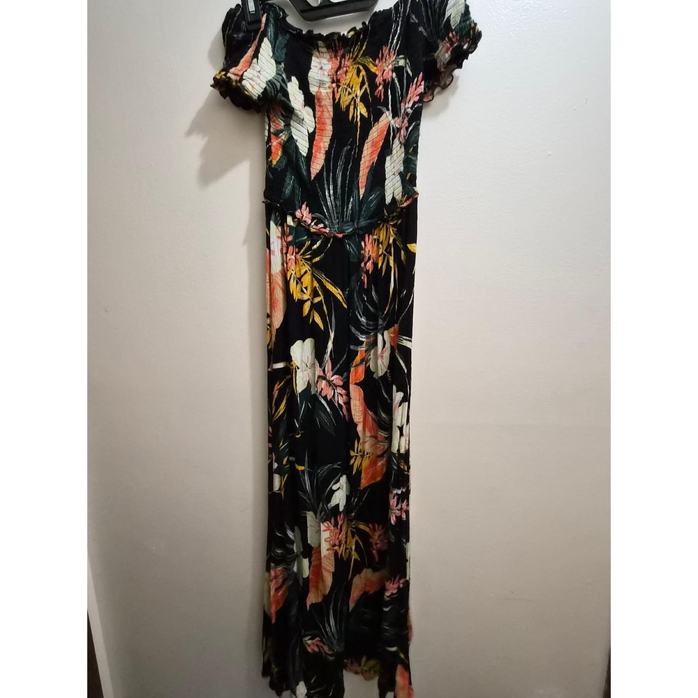 Patrons of Peace Womens Black Tropical Floral Smocked Maxi Dress Size Medium